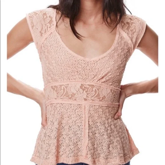 Free People Besties Lace Peplum Peach Top - Picture 4 of 9